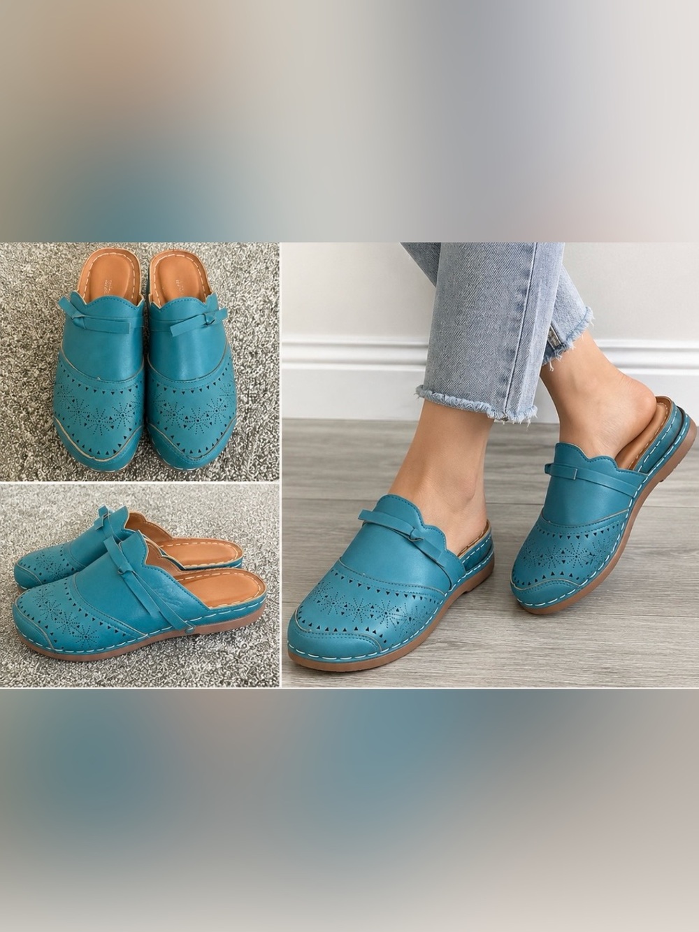 Teal Leather Slip-On Clogs with Perforated Detail - Women